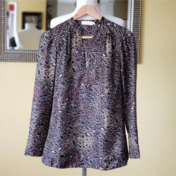 Tory Burch Silk Leopard Animal Print Tunic Blouse Brown Black Size 2 - Picture 3 of 10